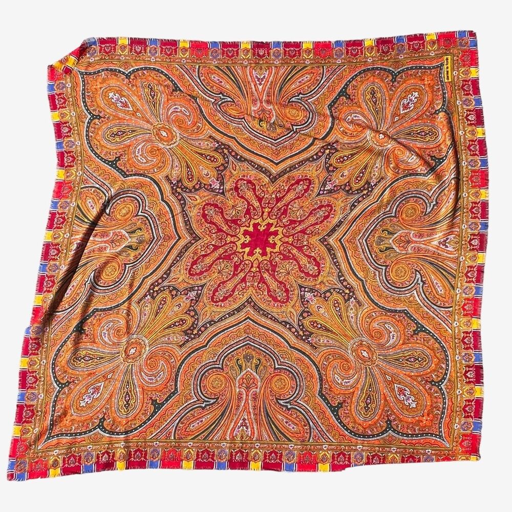 Daniel La Foret vintage orange paisley shawl scarf fringe 52 x 52 inches square